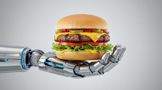 Metallic robot hand holding cheeseburger. Concept of ai chef serving fast food and automation in restaurant industry.