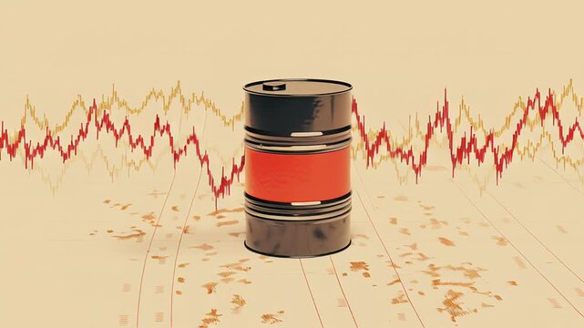 Oil market volatility concept, oil barrel surrounded by fluctuating graph lines, tense economic atmosphere, muted colors, minimal background, professional financial oil price shock