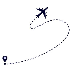 Airplane silhouette follows a curved, dashed path between two map location markers