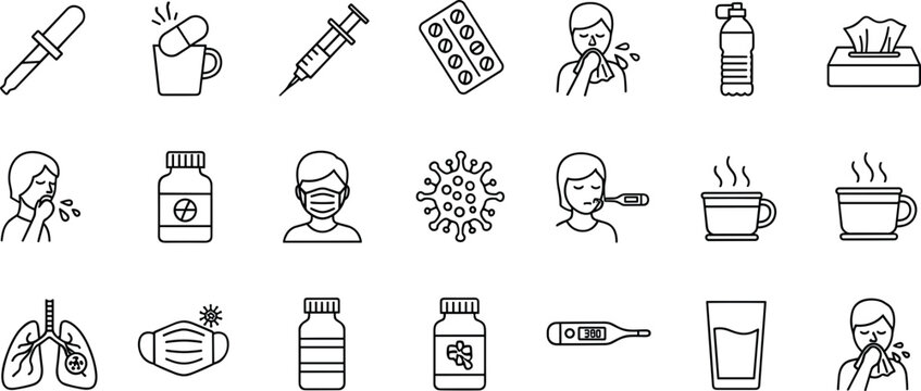 Cold and flu medical line icon set featuring fever thermometer, virus cells, protective face masks, medicine bottles, coughing patients, and lung health symbols.