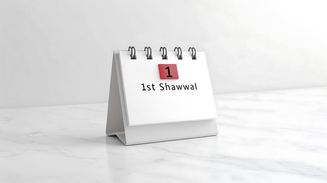 White calendar on marble table showing 1st Shawwal for Eid al-Fitr holiday celebration