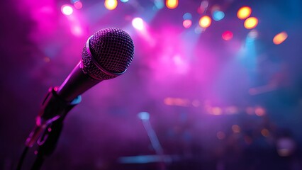 Obraz premium Colorful, spotlight neon foggy standup comedy night of a thousand laugh mic background. Music event, concert stage microphone silhouette. Microphone on a stand, on a dark background