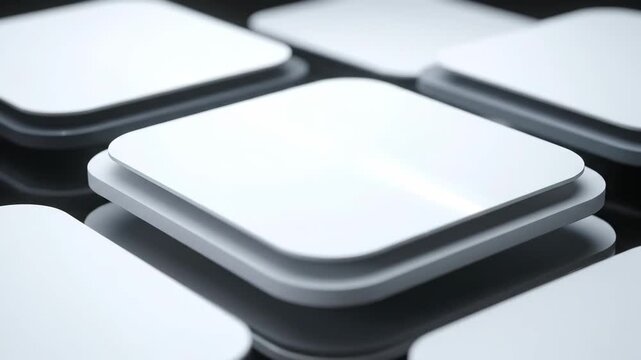 Abstract 3D animation of white rounded square panels rising and stacking. Clean, modern, minimalist background.