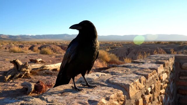 Raven perches on stone wall in vast desert landscape with clear blue sky and mountains in the distance