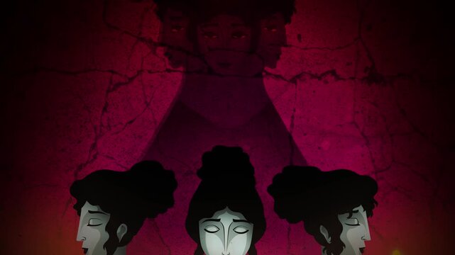 three witch priestesses with torches and the shadow of hecate