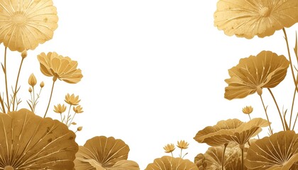 Vector white background with hand-drawn gold lotus flower and leaves silhouettes