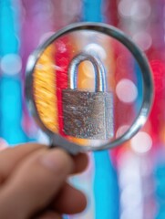 Hand holding magnifying glass over metal padlock for cybersecurity audit and data protection investigation on colorful abstract network background with bokeh