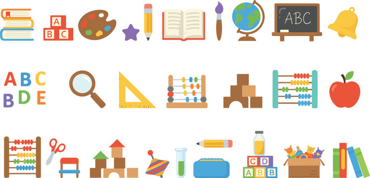 School education icons set with books alphabet toys classroom supplies learning flat vector illustration isolated