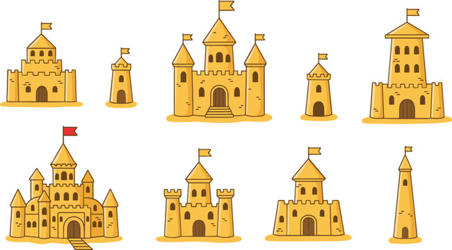 Sandcastle collection set beach summer fantasy castles with towers flags cartoon flat vector illustration isolated