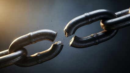 Macro view of a metallic chain disintegrating into sharp geometric shards, reflecting fractured light like cracked mirrors