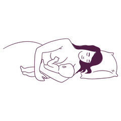 Mother lies on side while nursing infant near comfortable bedding and pillow