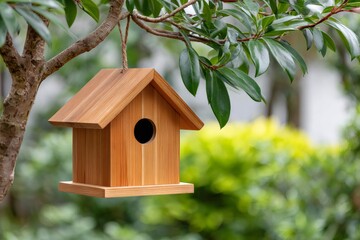 Wooden birdhouse hanging on a tree in garden