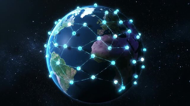 A globe surrounded by luminous spheres and interconnected lines