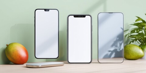 Smartphone mockup collection featuring blank screens floating in a bright studio with tropical mango and papaya fruit for modern mobile app marketing and design