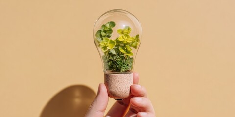 Hand holding glass light bulb with green plants inside for eco friendly energy concept, earth day marketing banner with copy space and soft lighting