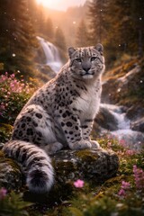 Fototapeta premium A majestic snow leopard sitting gracefully on a moss-covered rock in a mountain wilderness.