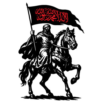 Muslim Warrior on Horse Holding Flag with First Kalma Silhouette
Islamic Knight Riding Horse with Shahada Flag Vector Illustration
Silhouette of Man on Horseback Carrying Islamic Kalma Tayyaba Flag