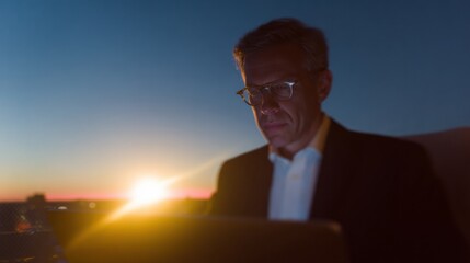Mature businessman typing on laptop at desk during sunset with golden hour light, managing client information and data systems in a professional office setting