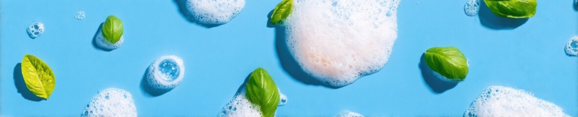 Soap foam bubbles and fresh basil leaves on a blue background creating an abstract texture for natural beauty skincare and hygiene product marketing copy space