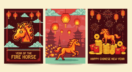 Obraz premium Three vibrant Chinese New Year posters featuring the Year of the Fire Horse, with traditional lanterns, pagodas, gold coins, and festive fireworks in a retro digital art style.