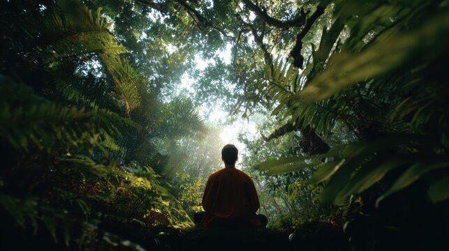 Person meditates in a lush forest during daylight surrounded by green plants and tall trees