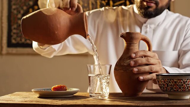 Man pouring water from clay jug into glass on table with plate and bowl, indoors