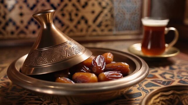 Moroccan copper tagine with dates on a traditional table with a cup of tea in the background, served in a cozy setting