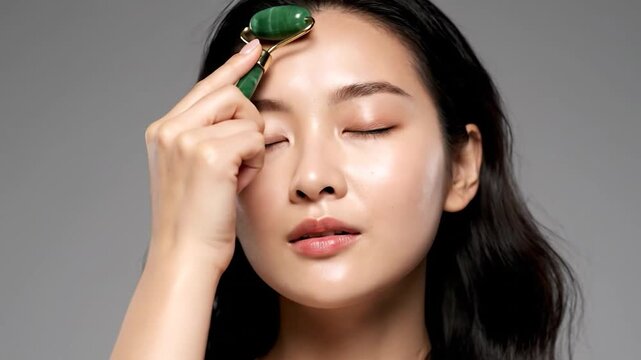 Woman's face with closed eyes uses jade roller