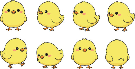 Cute yellow chick character collection set baby chicken poses cartoon flat vector illustration isolated on white background © MdAbuSayed
