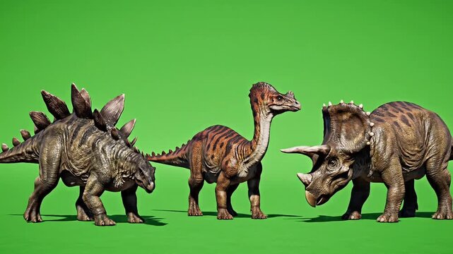 Three Realistic Dinosaurs Stegosaurus, Hadrosaur, Triceratops on Green Screen Background