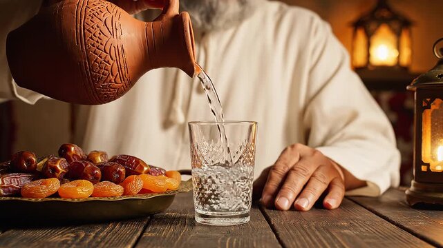 Muslim man pouring water from clay jug to glass for iftar meal on wooden table with dates and lanterns in background during Ramadan
