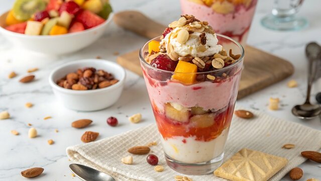 Colorful mixed fruit ice cream falooda in a glass, layered with syrup, nuts, and creamy textures on white background.