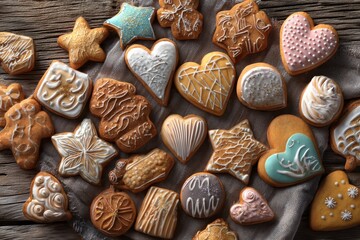 Fototapeta premium Delicious assortment of sugar cookies creatively decorated on wooden surface