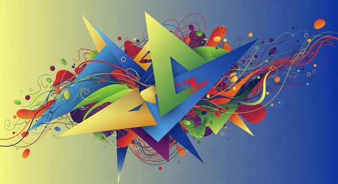 Vibrant abstract digital art explosion featuring dynamic geometric shapes and colorful flowing organic lines