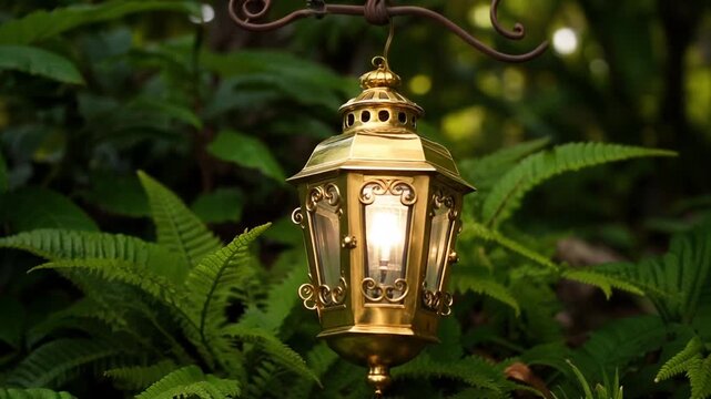 Outdoor gold lantern light fixture hanging from wrought iron bracket in garden with lush greenery