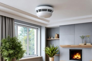 Naklejka premium Smoke detector on ceiling providing home safety
