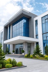 Modern office building entrance with glass facade
