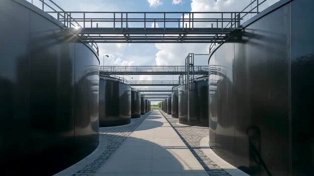 Industrial storage tanks aligned along concrete walkway with metal railings under daylight sky