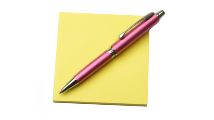 Pink pen on yellow notepad stationery office supplies isolated on a transparent background