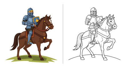 Knight on Horse Coloring Page and Colored Version With Shield and Arrow for Medieval Art Projects