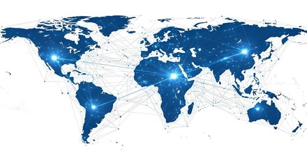 Blue World Map with Global Digital Network Connections and Glowing Data Points on White Background