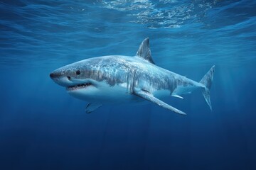 Fototapeta premium Great white shark swimming gracefully in deep marine waters, showcasing impressive details of its anatomy and natural habitat