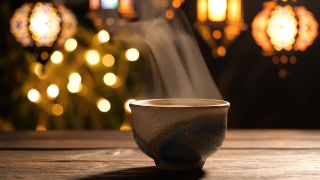 Steaming coffee cup on wooden table with blurred festive lights background for product display