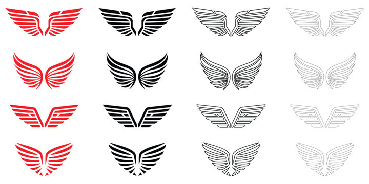 wings icon vector set, angel wing, eagle wings symbol icon vector, silhouette and line art