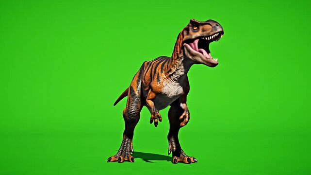 Orange and Brown Tyrannosaurus Rex Dinosaur Roaring on Green Screen