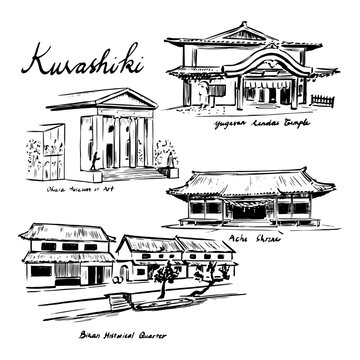 Ink sketch illustration of Kurashiki Japan featuring Yugasan Rendai Temple, Ohara Museum of Art, Achi Shrine and Bikan Historical Quarter, hand drawn monochrome line art of traditional landmarks for t