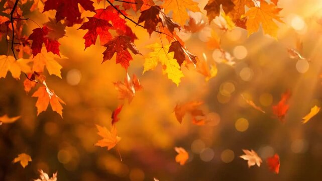 Falling autumn maple leaves dance in sunlight with bokeh background during a sunny fall day
