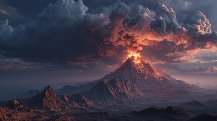 Fototapeta premium Erupting volcano with glowing lava and dense clouds captured at sunset in a dramatic landscape