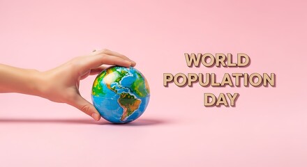 A hand holding a small globe on a pink background with world population day text