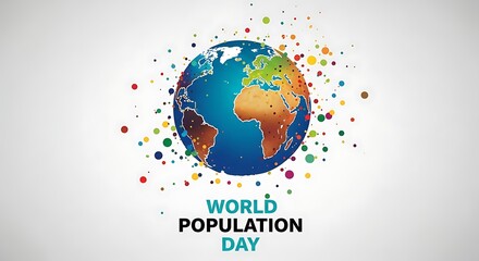 Vibrant illustration of the globe celebrating world population day with colorful dots and continents on a grey background